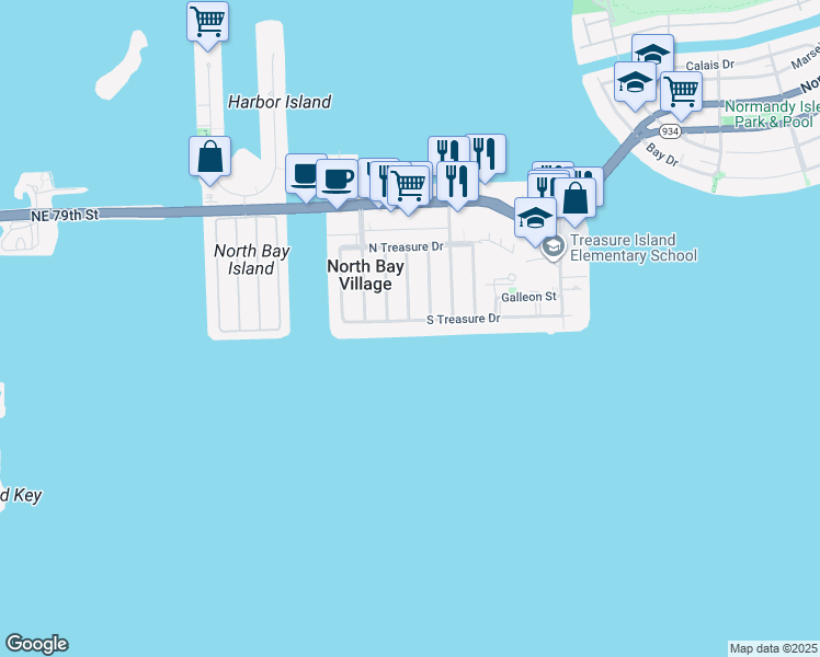 map of restaurants, bars, coffee shops, grocery stores, and more near 7508 Buccaneer Avenue in North Bay Village