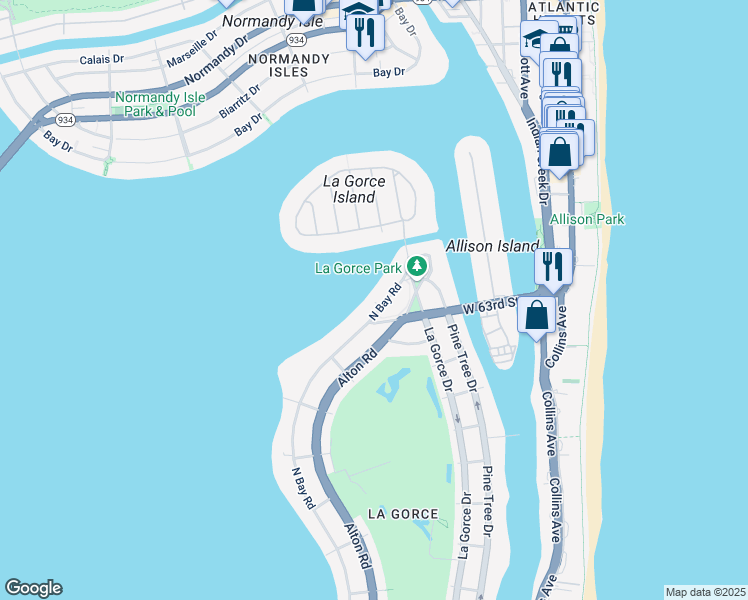 map of restaurants, bars, coffee shops, grocery stores, and more near 6360 North Bay Road in Miami