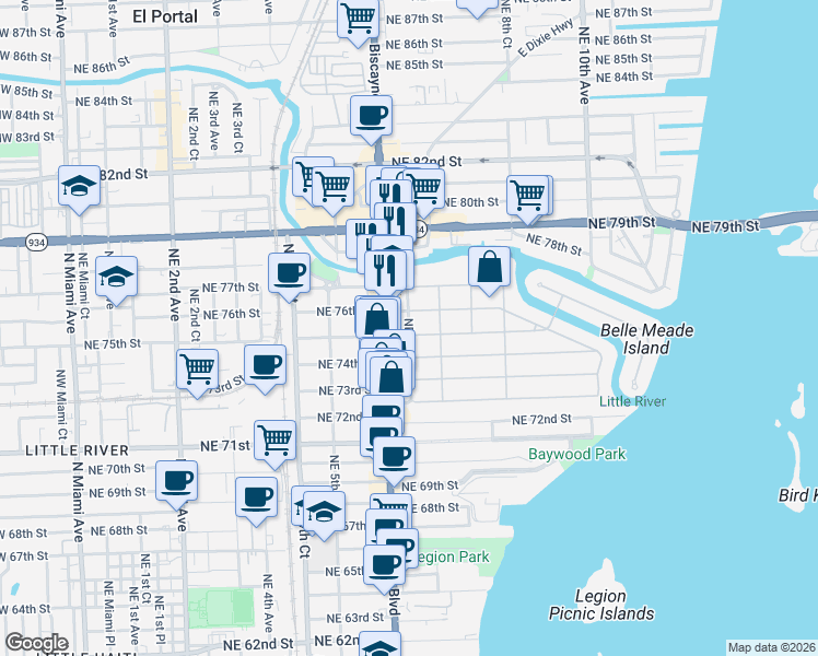 map of restaurants, bars, coffee shops, grocery stores, and more near 617 Northeast 76th Street in Miami