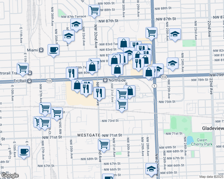 map of restaurants, bars, coffee shops, grocery stores, and more near 3131 Northwest 77th Street in Miami