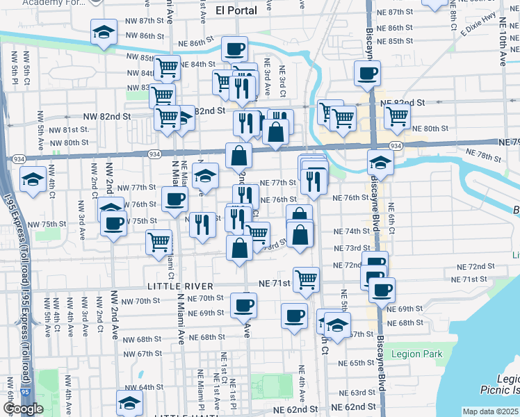 map of restaurants, bars, coffee shops, grocery stores, and more near 259 Northeast 76th Street in Miami
