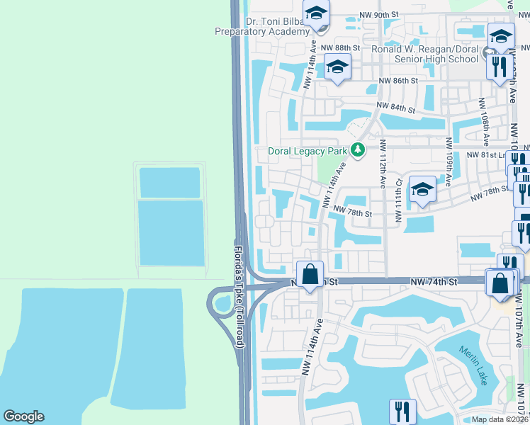 map of restaurants, bars, coffee shops, grocery stores, and more near 7851 Northwest 116th Avenue in Medley