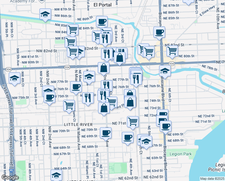 map of restaurants, bars, coffee shops, grocery stores, and more near 7535 Northeast 2nd Court in Miami