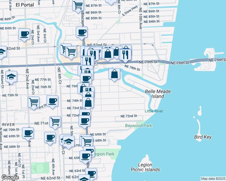 map of restaurants, bars, coffee shops, grocery stores, and more near 763 Northeast 75th Street in Miami