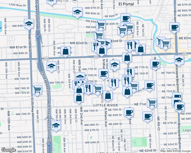 map of restaurants, bars, coffee shops, grocery stores, and more near 70 Northwest 76th Street in Miami