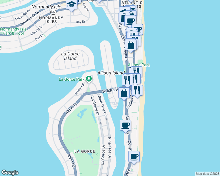 map of restaurants, bars, coffee shops, grocery stores, and more near 6350 Allison Road in Miami Beach
