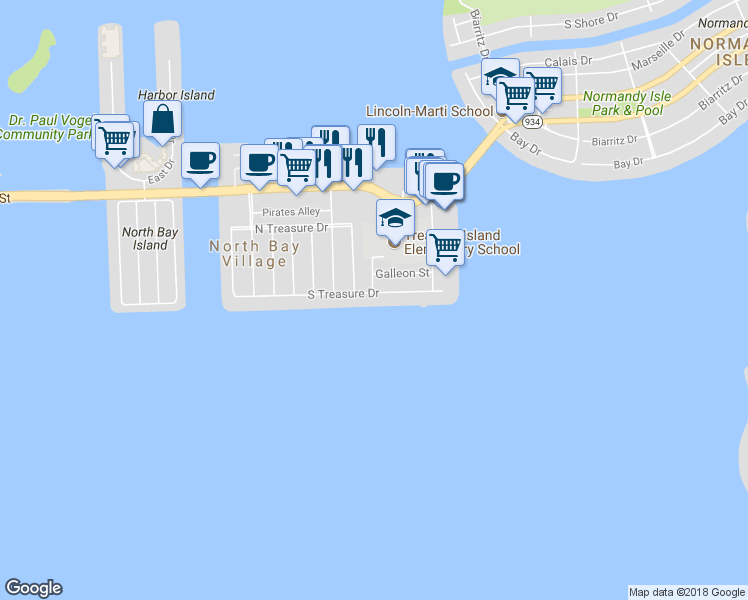 map of restaurants, bars, coffee shops, grocery stores, and more near 7505 Mutiny Avenue in North Bay Village