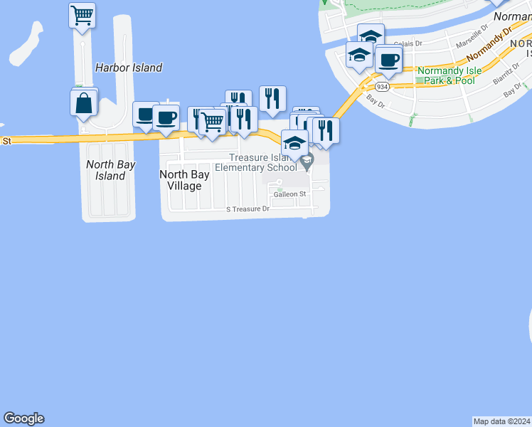 map of restaurants, bars, coffee shops, grocery stores, and more near 7505 Mutiny Avenue in North Bay Village