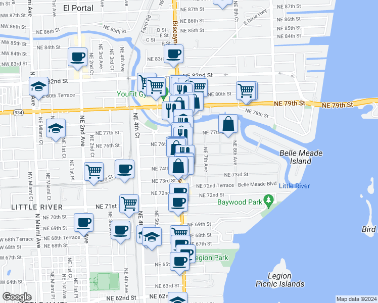 map of restaurants, bars, coffee shops, grocery stores, and more near 617 Northeast 76th Street in Miami