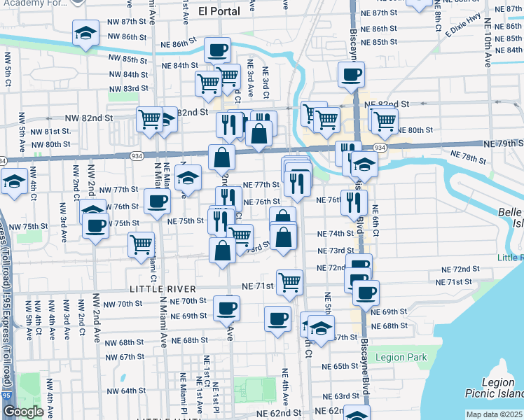 map of restaurants, bars, coffee shops, grocery stores, and more near 353 Northeast 76th Street in Miami