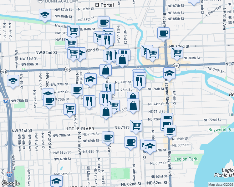 map of restaurants, bars, coffee shops, grocery stores, and more near 259 Northeast 76th Street in Miami