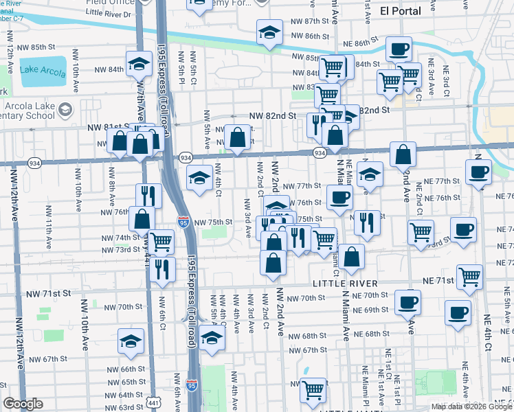 map of restaurants, bars, coffee shops, grocery stores, and more near 7636 Northwest 2nd Court in Miami