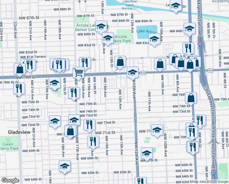 map of restaurants, bars, coffee shops, grocery stores, and more near 1311 Northwest 77th Terrace in Miami