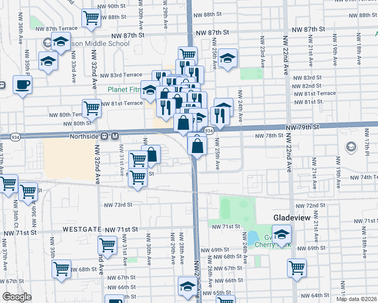 map of restaurants, bars, coffee shops, grocery stores, and more near 2700 NW 79th St in Miami