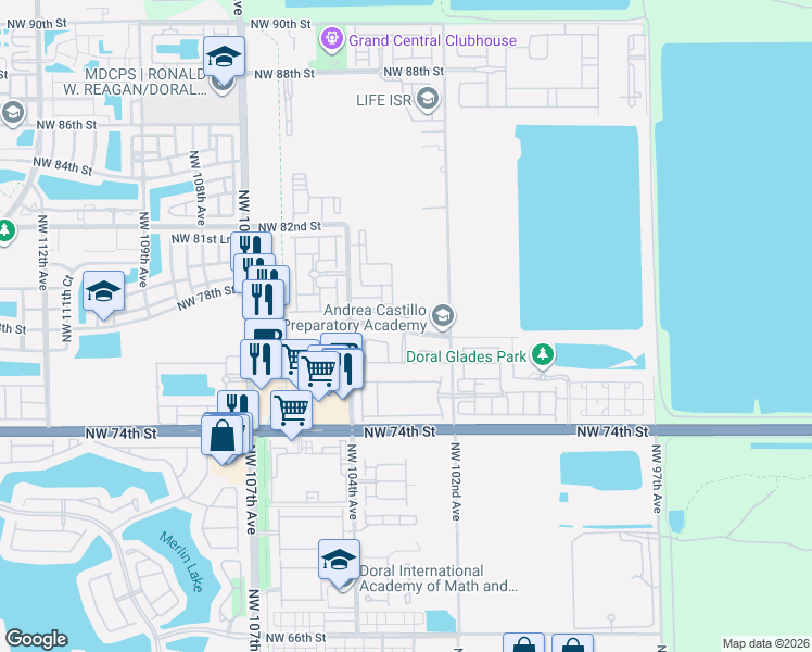 map of restaurants, bars, coffee shops, grocery stores, and more near 7825 Northwest 104th Avenue in Doral