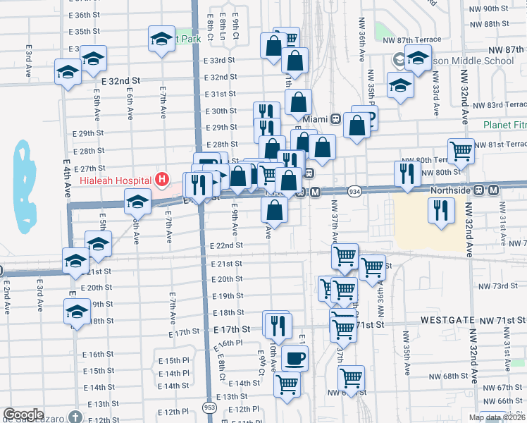 map of restaurants, bars, coffee shops, grocery stores, and more near 1020 East 25th Street in Hialeah