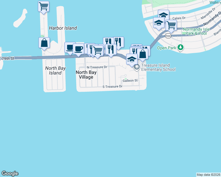 map of restaurants, bars, coffee shops, grocery stores, and more near 7505 Cutlass Avenue in North Bay Village