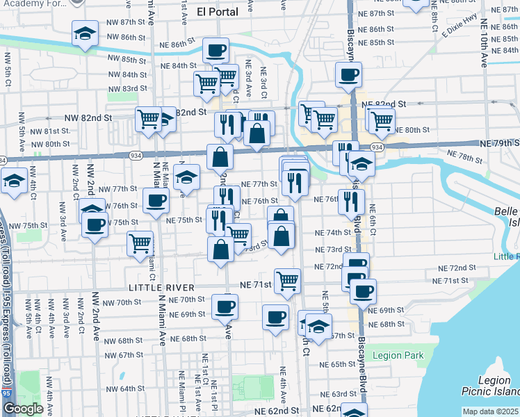 map of restaurants, bars, coffee shops, grocery stores, and more near 353 Northeast 76th Street in Miami