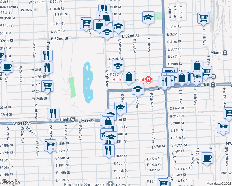 map of restaurants, bars, coffee shops, grocery stores, and more near 445 East 25th Street in Hialeah