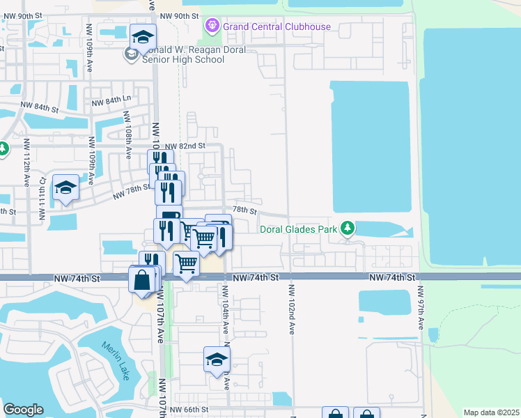 map of restaurants, bars, coffee shops, grocery stores, and more near 7825 Northwest 104th Avenue in Doral