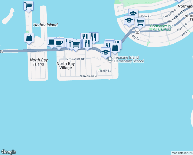 map of restaurants, bars, coffee shops, grocery stores, and more near 7505 Mutiny Avenue in North Bay Village