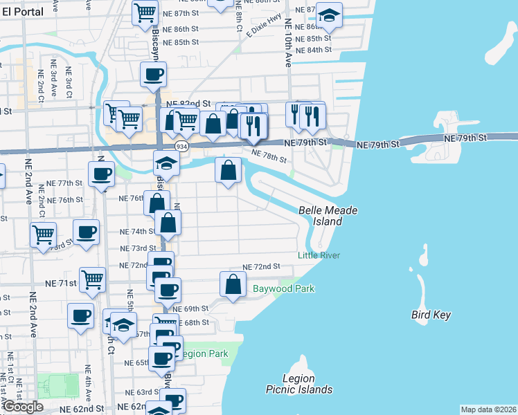 map of restaurants, bars, coffee shops, grocery stores, and more near 1986 Northeast 9th Avenue in Miami
