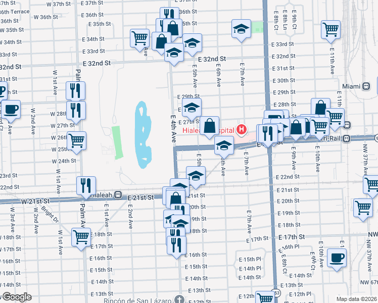 map of restaurants, bars, coffee shops, grocery stores, and more near 445 East 25th Street in Hialeah