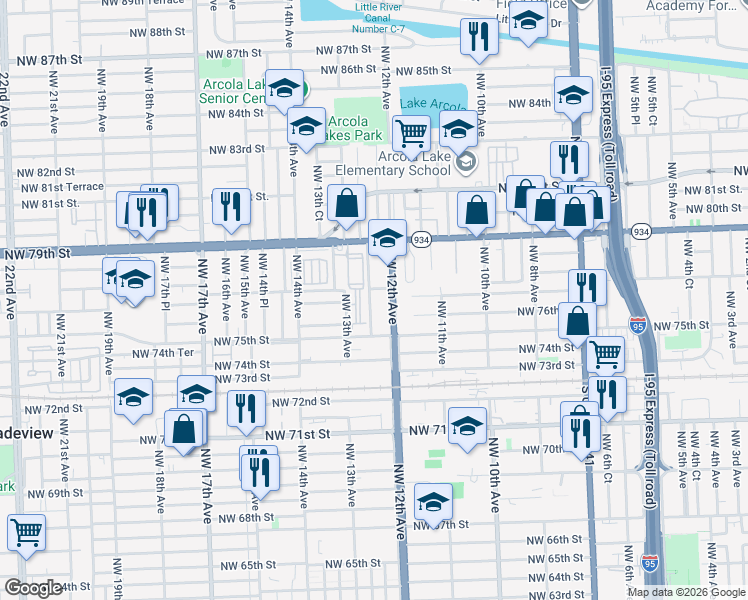 map of restaurants, bars, coffee shops, grocery stores, and more near 1250 Northwest 79th Street in Miami