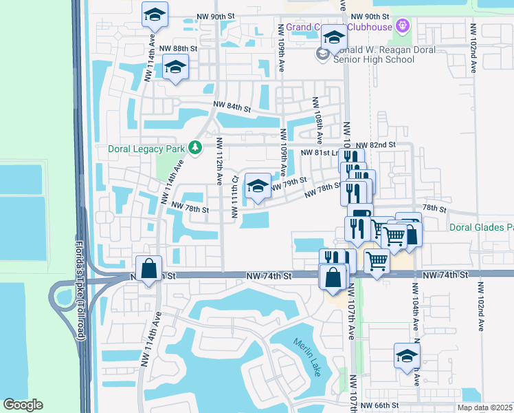 map of restaurants, bars, coffee shops, grocery stores, and more near 7807 Northwest 110th Avenue in Miami