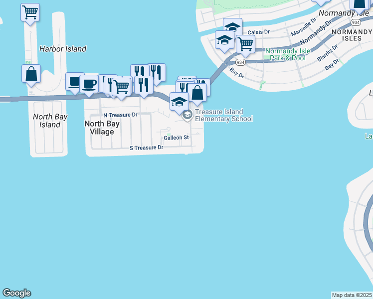 map of restaurants, bars, coffee shops, grocery stores, and more near 1880 South Treasure Drive in North Bay Village