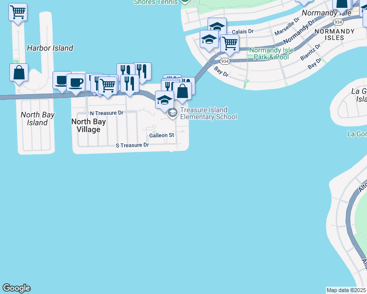 map of restaurants, bars, coffee shops, grocery stores, and more near 7501 East Treasure Drive in North Bay Village