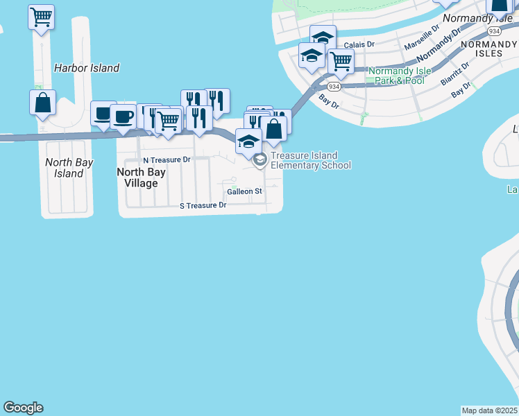 map of restaurants, bars, coffee shops, grocery stores, and more near 7504 East Treasure Drive in North Bay Village