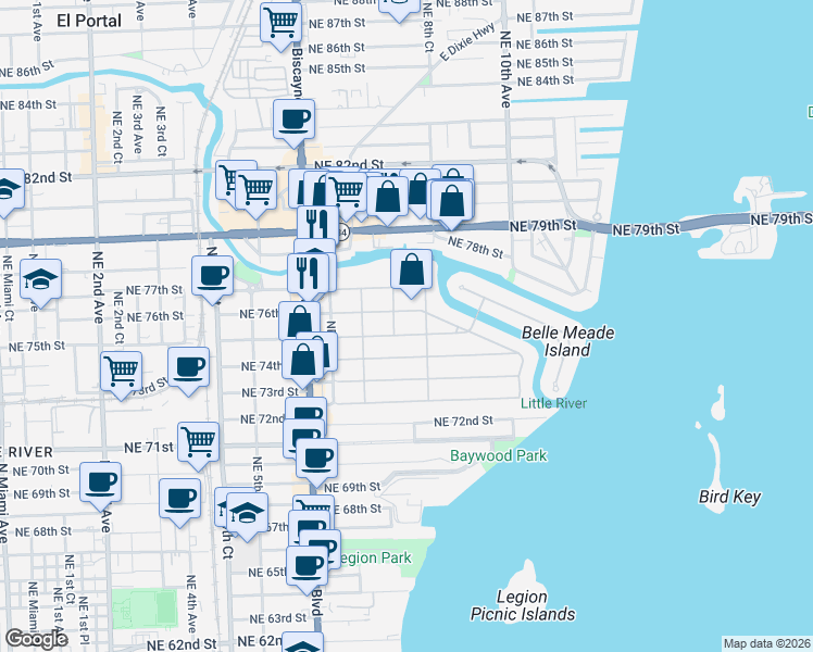 map of restaurants, bars, coffee shops, grocery stores, and more near 750 Northeast 76th Street in Miami