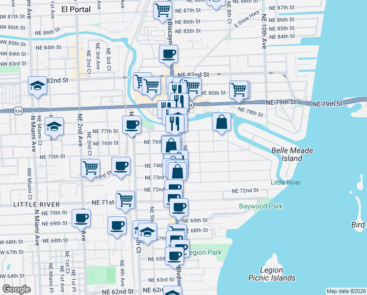 map of restaurants, bars, coffee shops, grocery stores, and more near 617 Northeast 76th Street in Miami