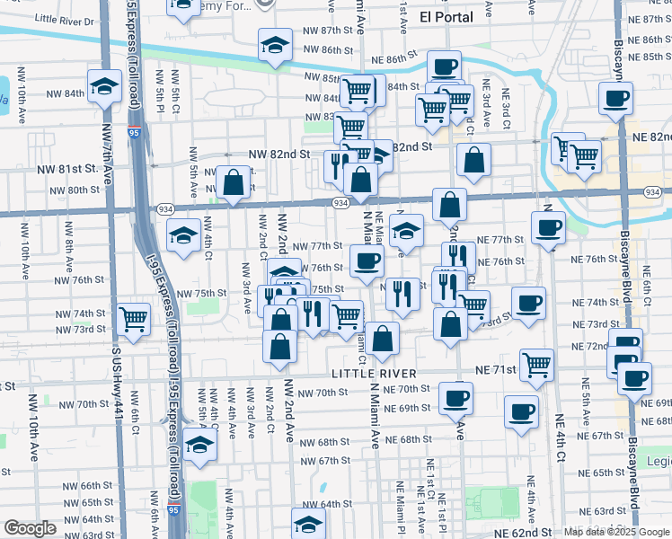 map of restaurants, bars, coffee shops, grocery stores, and more near 111 Northwest 76th Street in Miami