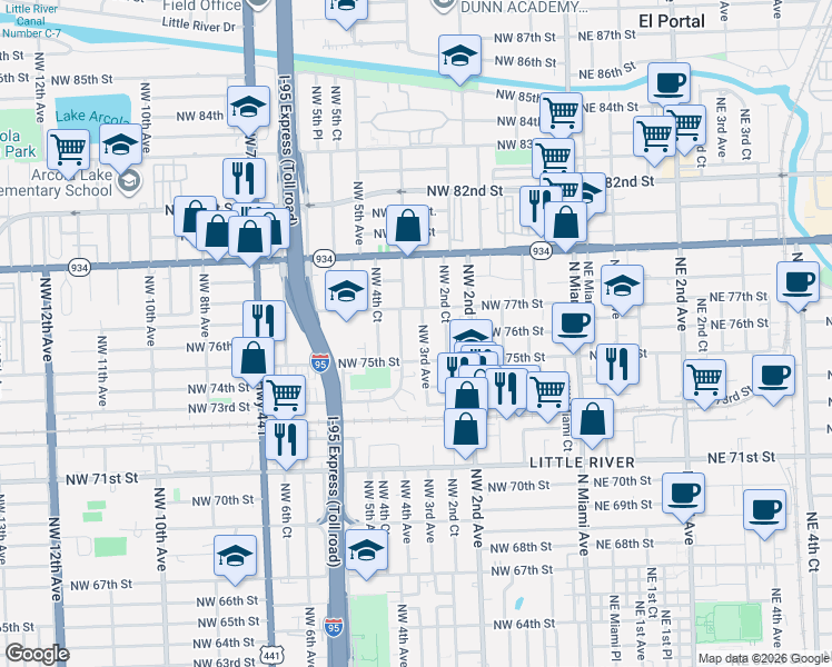 map of restaurants, bars, coffee shops, grocery stores, and more near 7631 Northwest 4th Avenue in Miami
