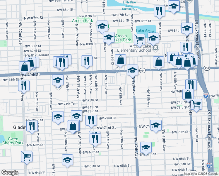 map of restaurants, bars, coffee shops, grocery stores, and more near 7700 Northwest 14th Avenue in Miami