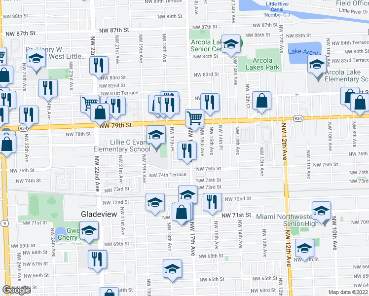 map of restaurants, bars, coffee shops, grocery stores, and more near 1722 Northwest 77th Street in Miami
