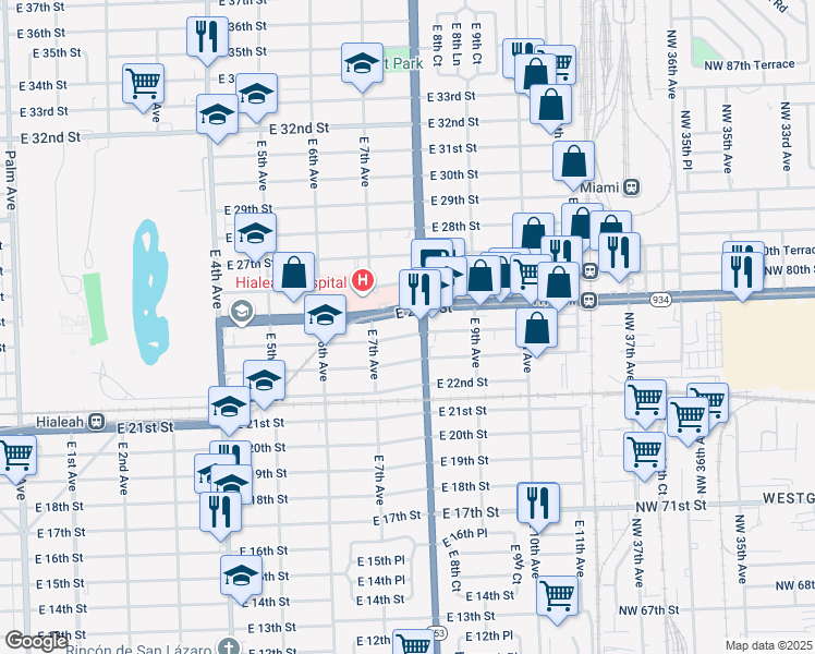 map of restaurants, bars, coffee shops, grocery stores, and more near 790 East 25th Street in Hialeah
