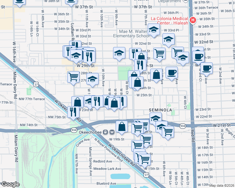 map of restaurants, bars, coffee shops, grocery stores, and more near 2560 West 9th Court in Hialeah