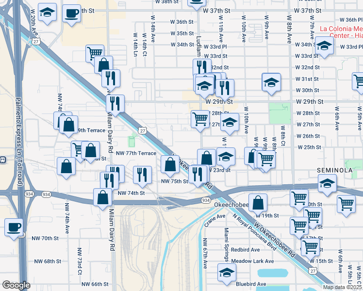 map of restaurants, bars, coffee shops, grocery stores, and more near 1315 West 25th Place in Hialeah