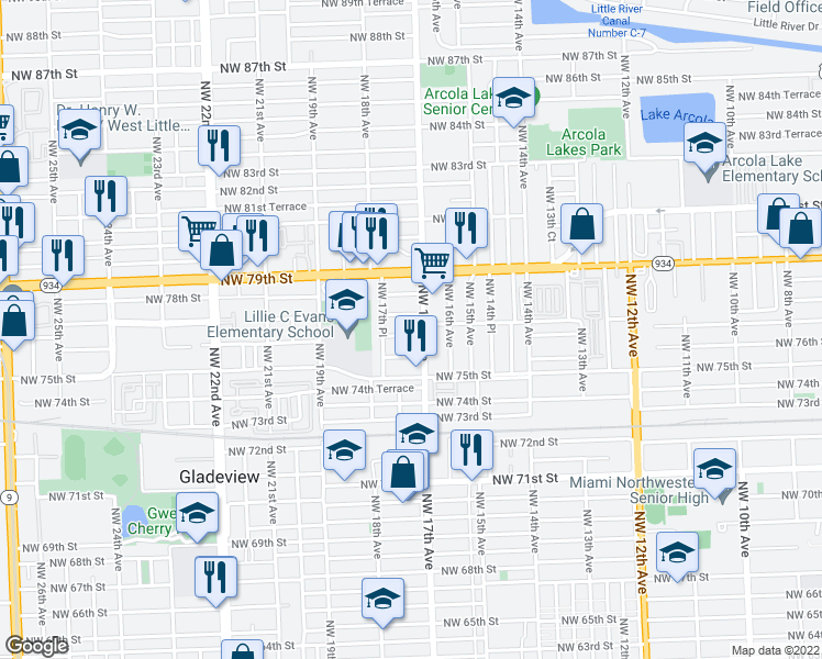 map of restaurants, bars, coffee shops, grocery stores, and more near 1722 Northwest 77th Street in Miami