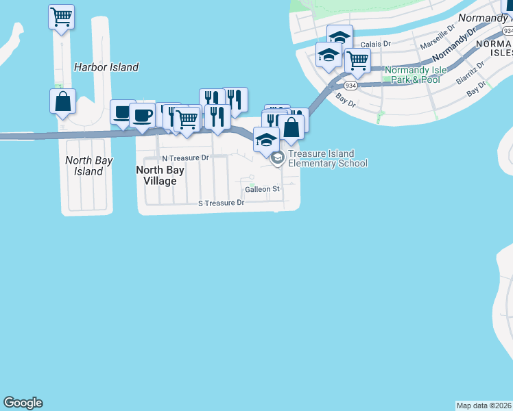 map of restaurants, bars, coffee shops, grocery stores, and more near 1830 South Treasure Drive in North Bay Village