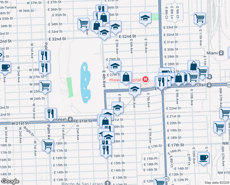 map of restaurants, bars, coffee shops, grocery stores, and more near 445 East 25th Street in Hialeah
