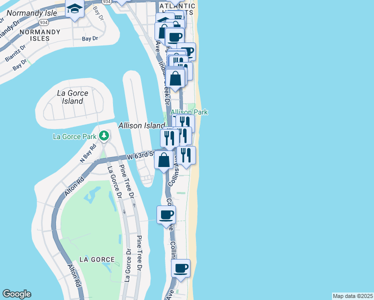 map of restaurants, bars, coffee shops, grocery stores, and more near 6345 Collins Avenue in Miami Beach