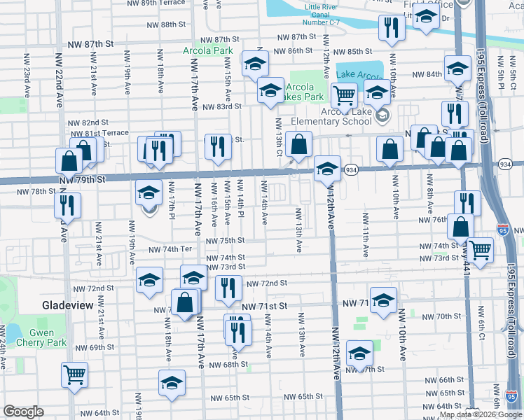 map of restaurants, bars, coffee shops, grocery stores, and more near 7700 NW 14th Ave in Miami