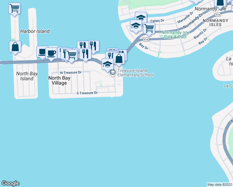 map of restaurants, bars, coffee shops, grocery stores, and more near 7504 East Treasure Drive in North Bay Village