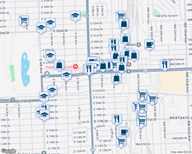 map of restaurants, bars, coffee shops, grocery stores, and more near 840 East 25th Street in Hialeah