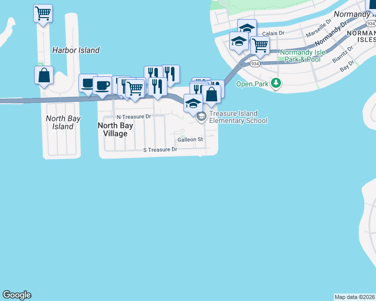 map of restaurants, bars, coffee shops, grocery stores, and more near 1840 South Treasure Drive in North Bay Village