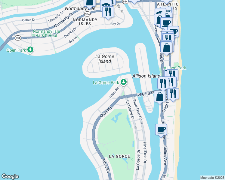 map of restaurants, bars, coffee shops, grocery stores, and more near 6396 North Bay Road in Miami Beach